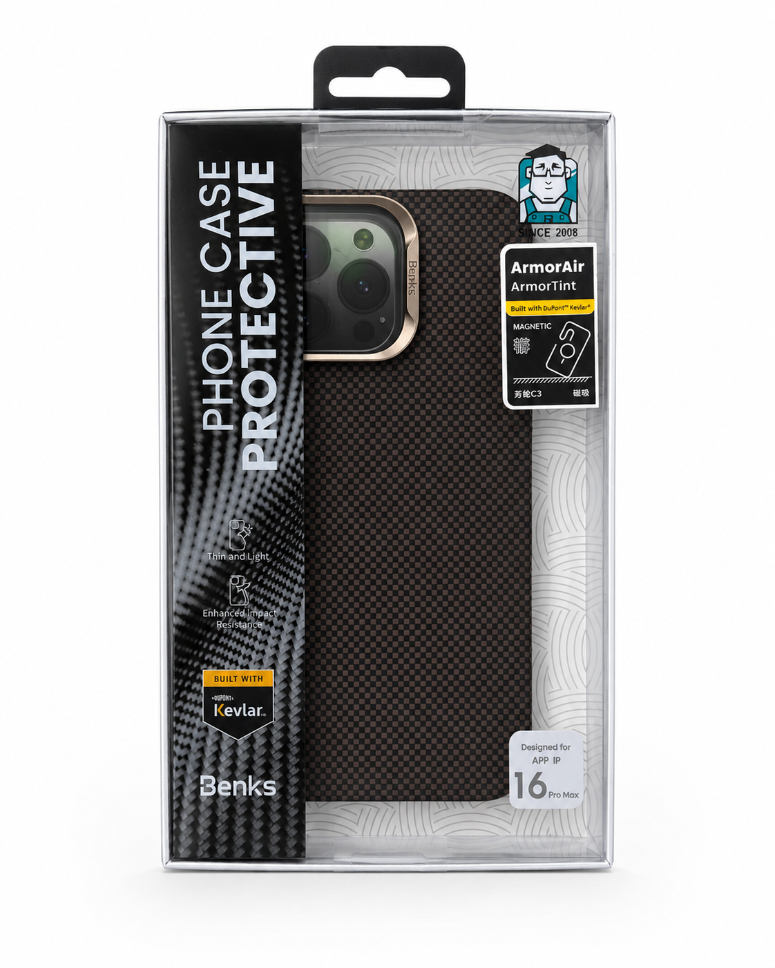 Coque BENKS ArmorAir Kevlar MagSafe – Marron Carbone pour iPhone 16 Pro / 16 Pro Max