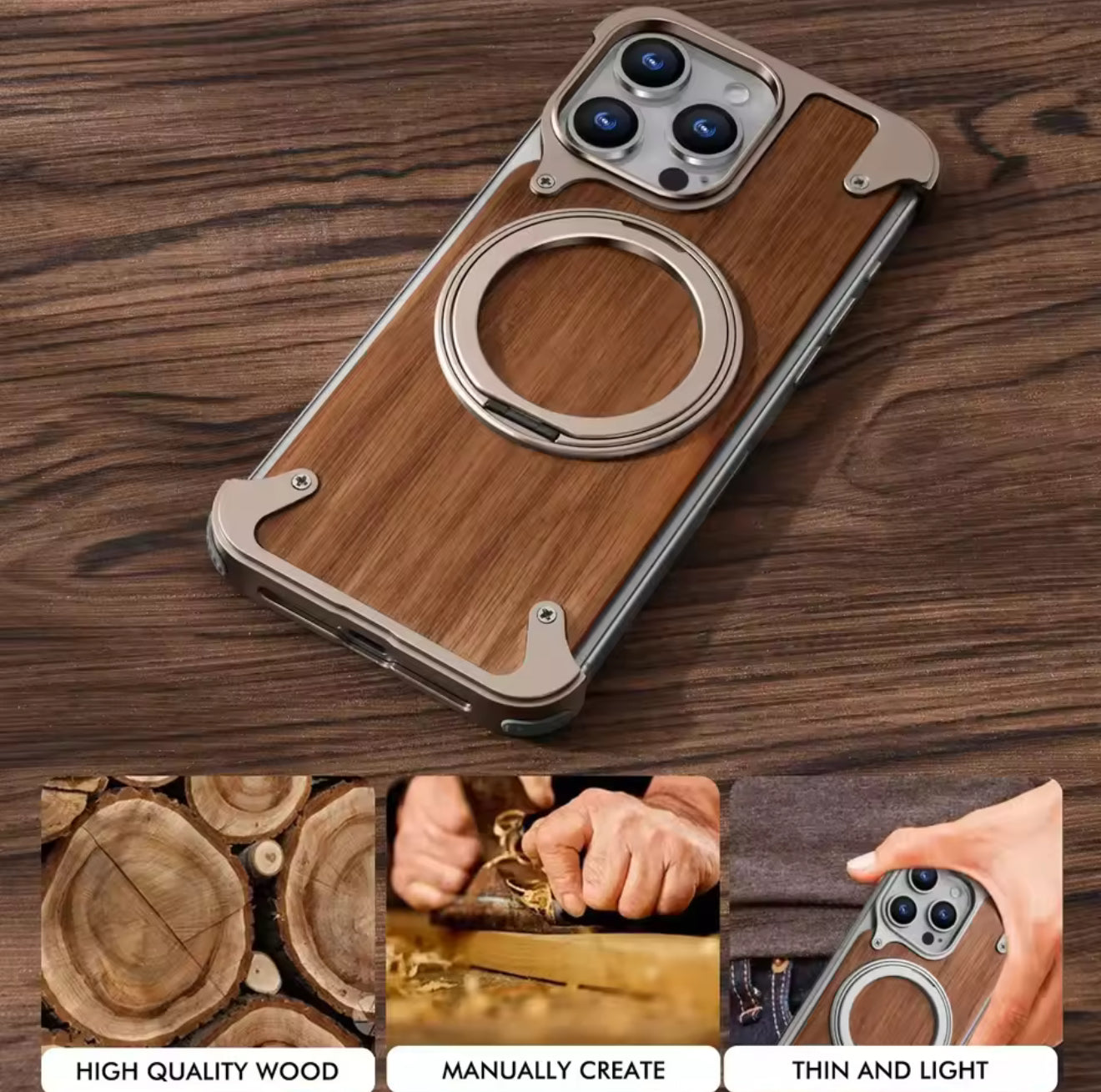 ✨ Étui Bois & Aluminium – MagSafe 360° – Ultra Premium