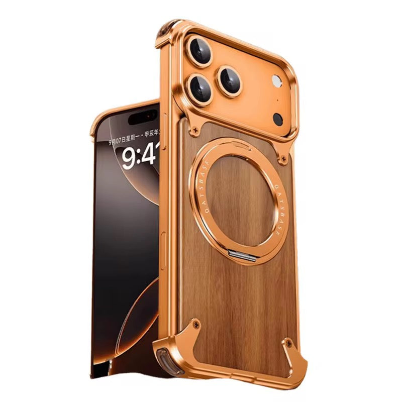 Coque iPhone Bois & Aluminium – Support 360° (Anneau Rotatif)