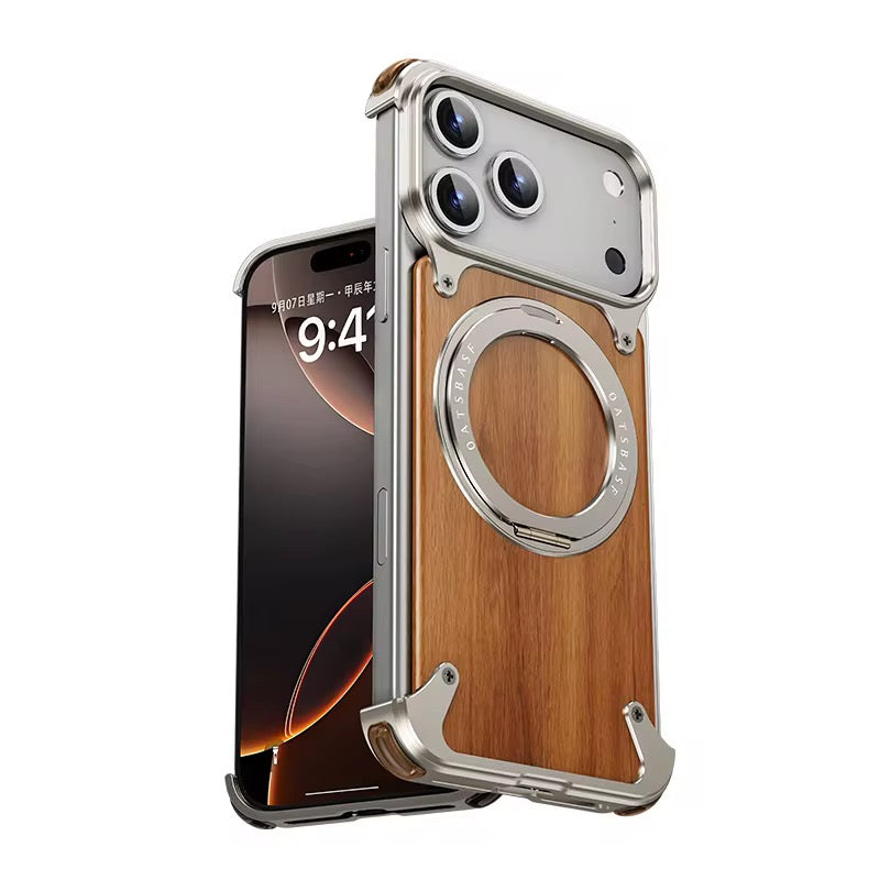 Coque iPhone Bois & Aluminium – Support 360° (Anneau Rotatif)