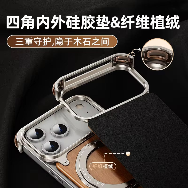 Coque iPhone Bois & Aluminium – Support 360° (Anneau Rotatif)