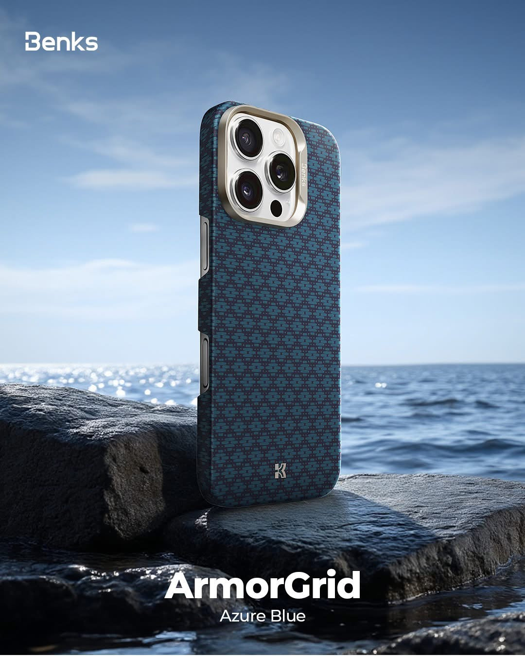Coque BENKS ArmorGrid Kevlar MagSafe – Bleu Azure pour iPhone
